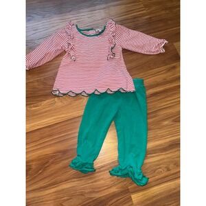 Sugar Babies 24M Christmas Outfit Red White Striped Ruffle Top Green Pants